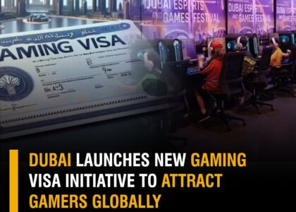 Dubai skyline with a gamer in the foreground, symbolizing the new Gaming Visa Initiative to attract global gaming talent.