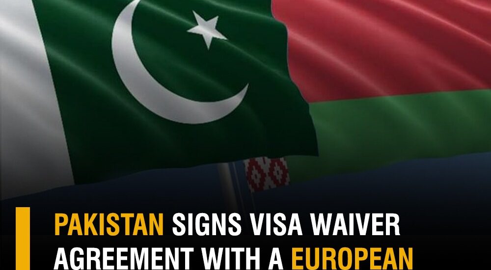 Pakistan and Belarus flags shaking hands (symbolizing the visa waiver agreement)